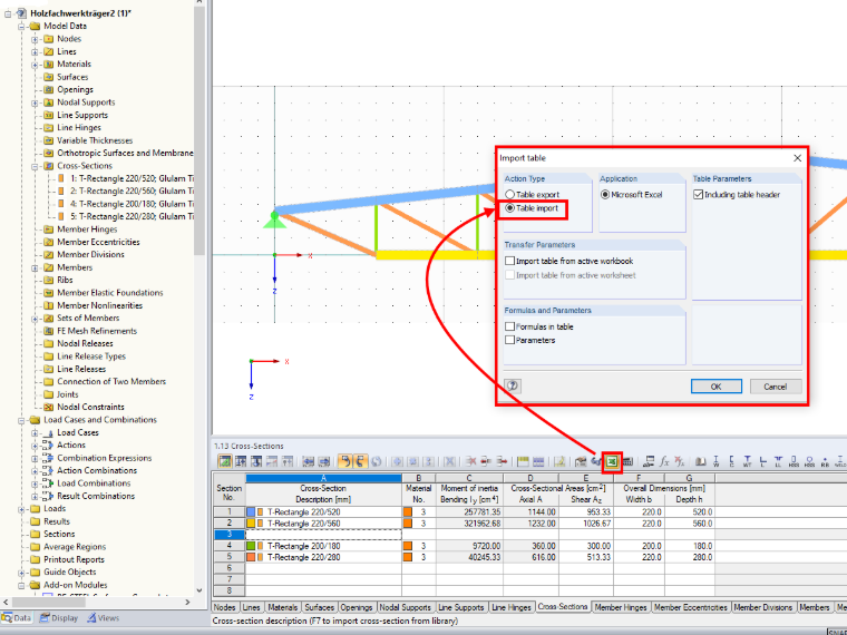 Импорт обеих таблиц обратно в программу RFEM или RSTAB