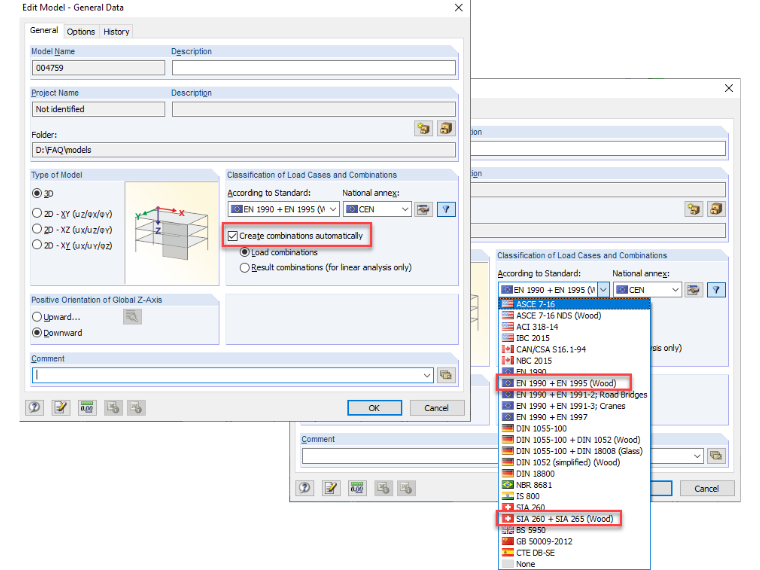 Активация автоматического сочетания нагрузок