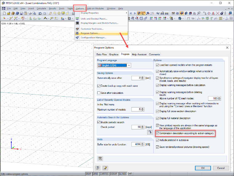 Сочетание нагрузок Описание Опция