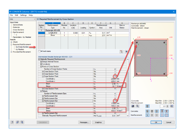 Отображение предоставленных напряжений и деформаций в колоннах RF-CONCRETE