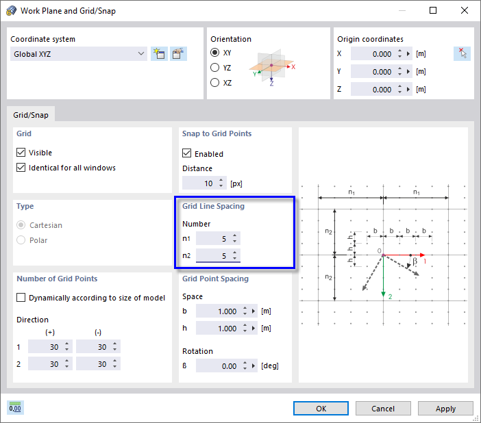 Диалоговое окно «Рабочая плоскость и сетка/привязка»