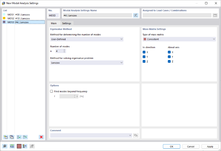 Диалоговое окно «Новые настройки модального анализа»
