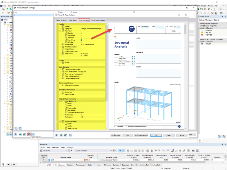 FAQ 005172 | Можно ли в RFEM 6/RSTAB 9 скорректировать расположение (например, заголовок) в протоколе результатов?