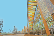 Blick auf die Giebel der fünf Hallen (© StructureCraft)