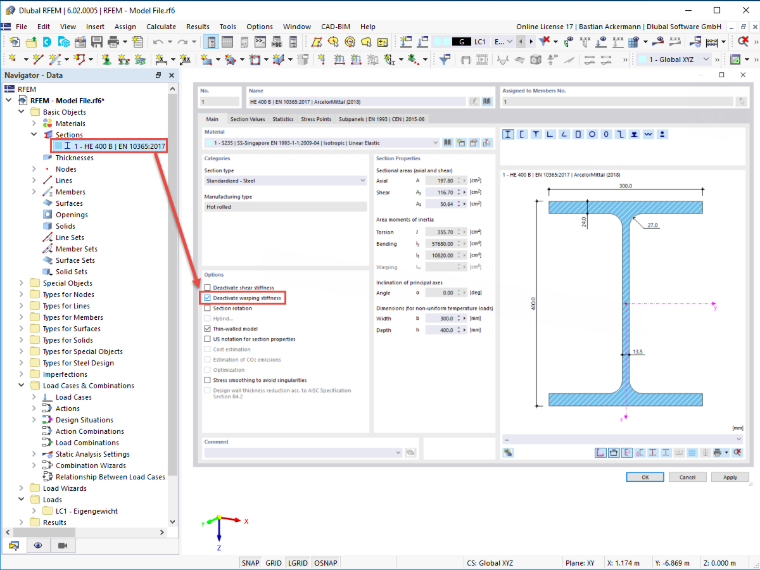 FAQ 005241 | Как можно получить 7-ю Деактивация степени свободы только для определенных стержней или сечений?