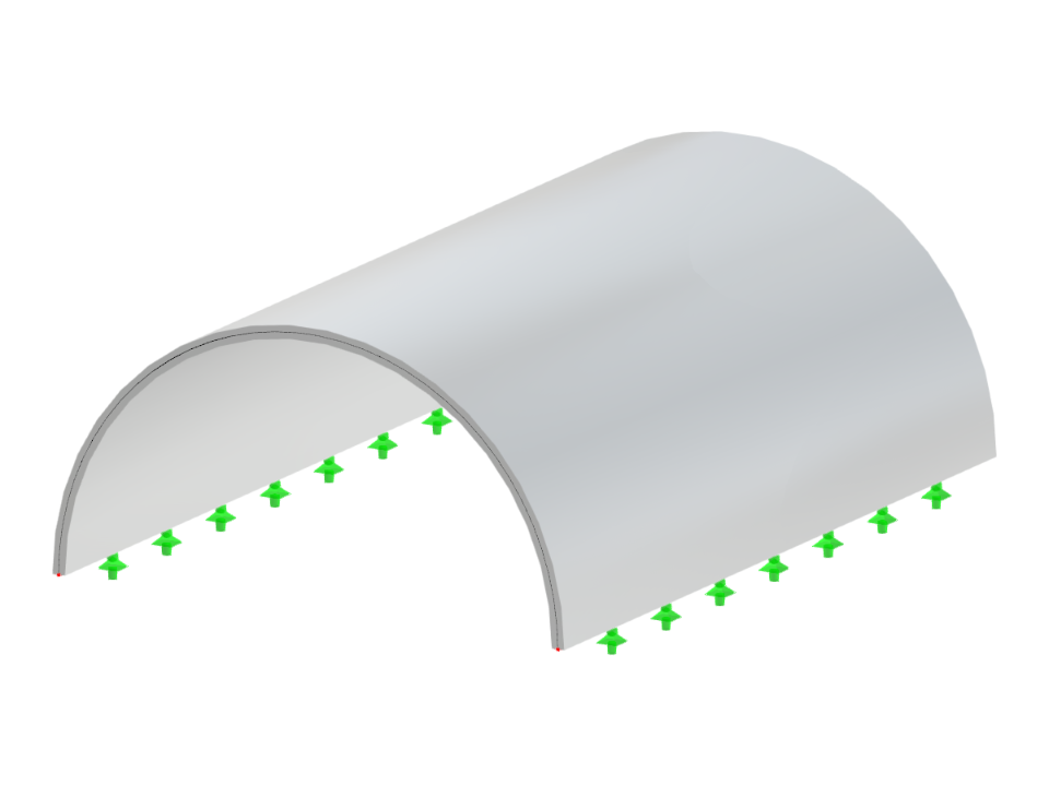 Перспективный вид полуцилиндрического бочарного свода, демонстрирующий его геометрические размеры на основе высоты и радиуса.