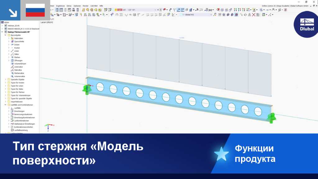 Модель поверхности как тип стержня в расчёте конструкций, визуализированная в 3D-изображении.