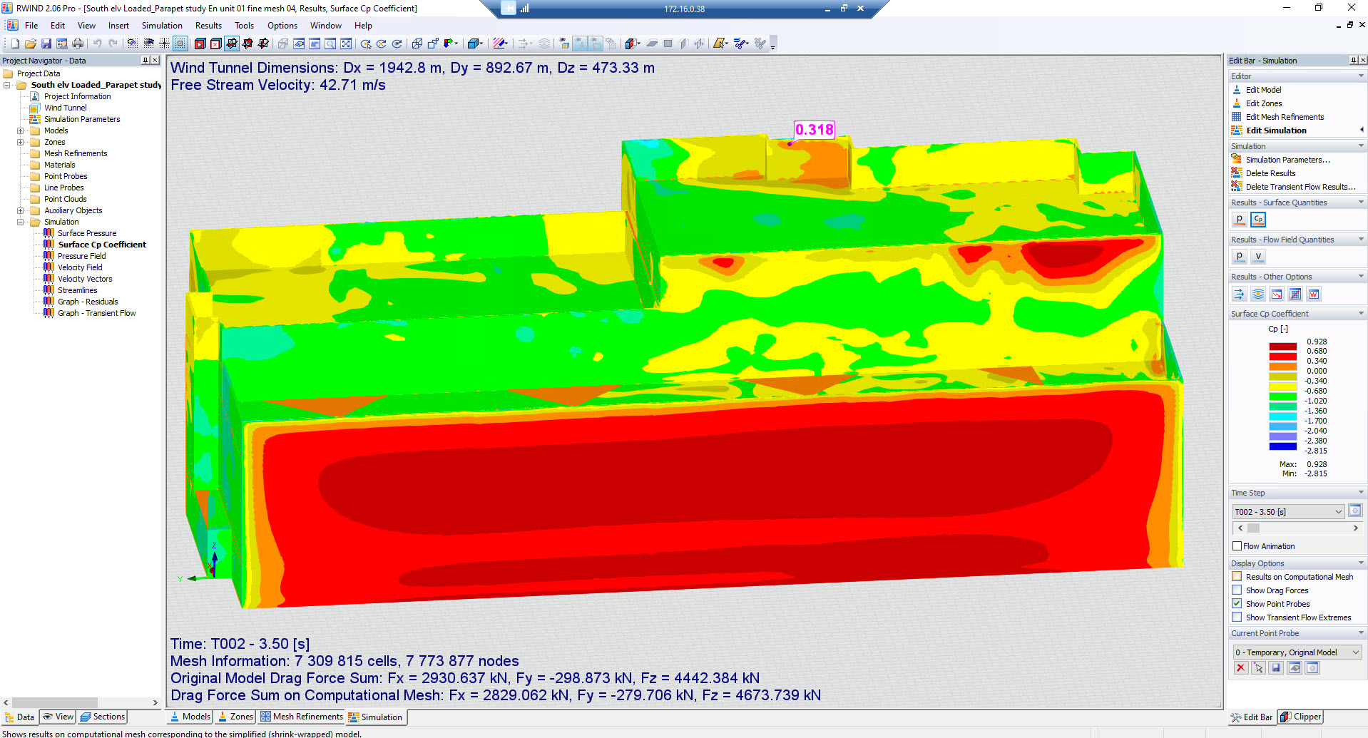 Значение Cp в здании с парапетами
