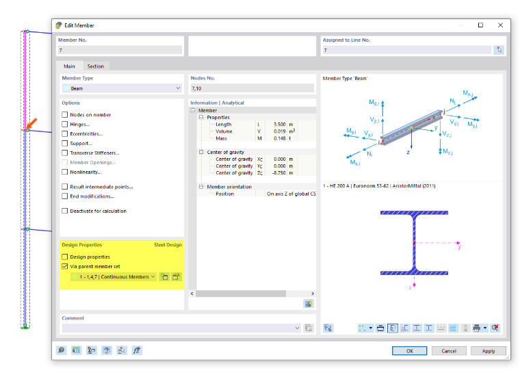 Расчёт стержня с помощью родительского блока стержней