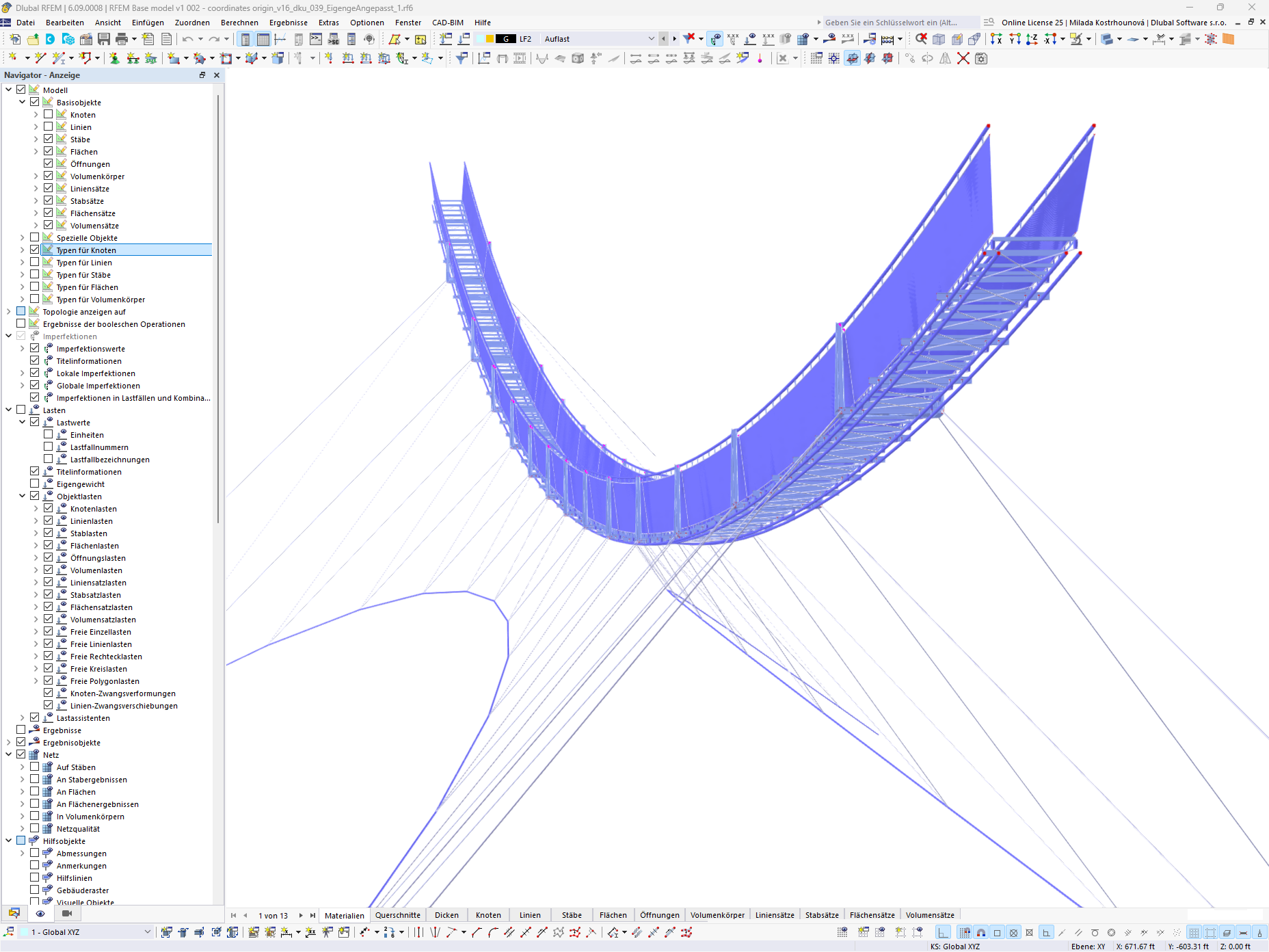 Das Bild zeigt das RFEM-Modell der LaPendenta-Hängebrücke in Disentis/Mustér, Schweiz.