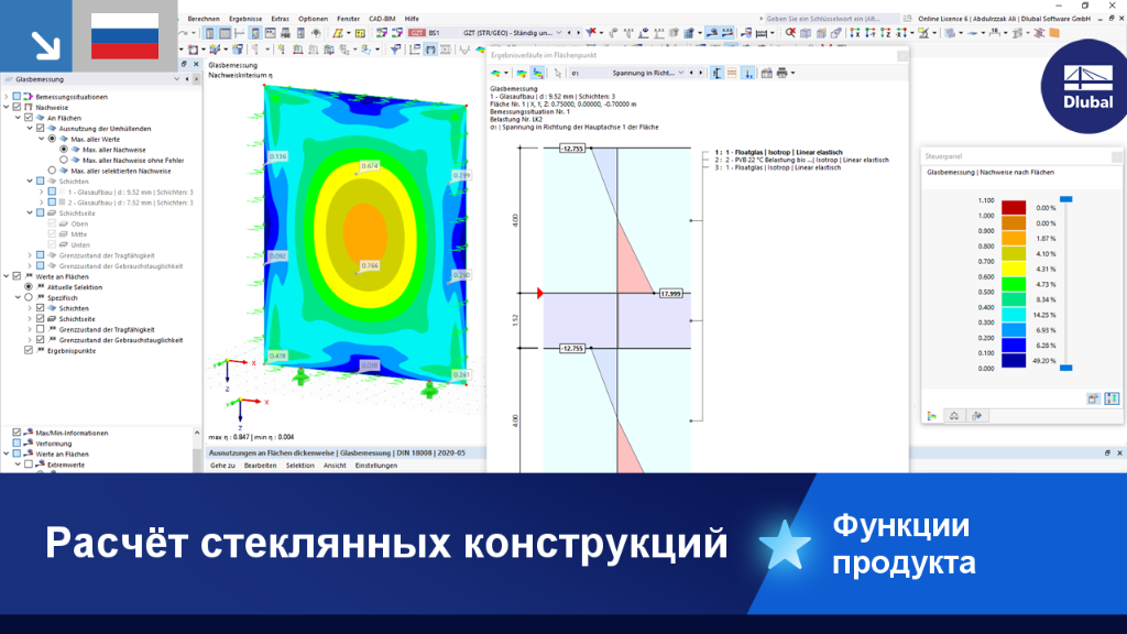 Детальный вид расчёта стекла, наглядно отображающий структурные характеристики и нагрузки стекла.