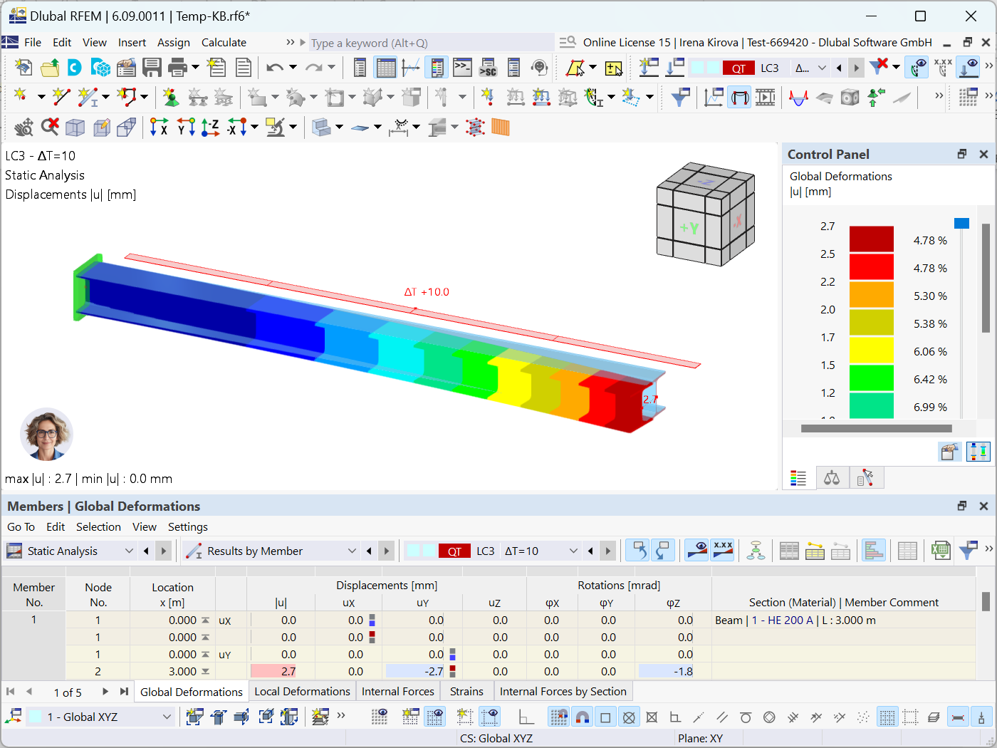 Деформация балки от разности температур в симуляции RFEM