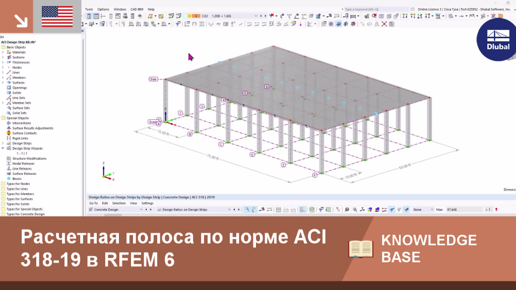 Проектные полосы, настроенные в соответствии с ACI 318-19, демонстрирующие распределение напряжений в RFEM 6 с помощью цветового градиента.