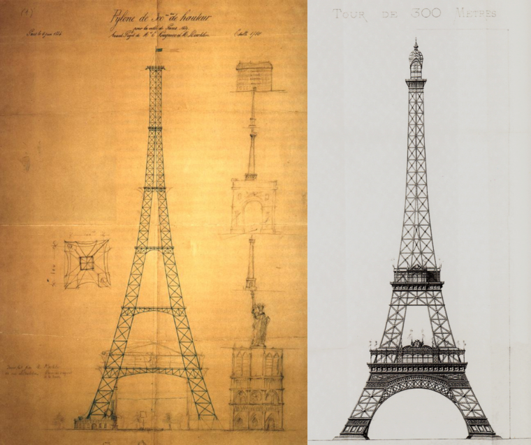 Сравнение изначального и конечного проекта Эйфелевой башни от инженеров и архитекторов.