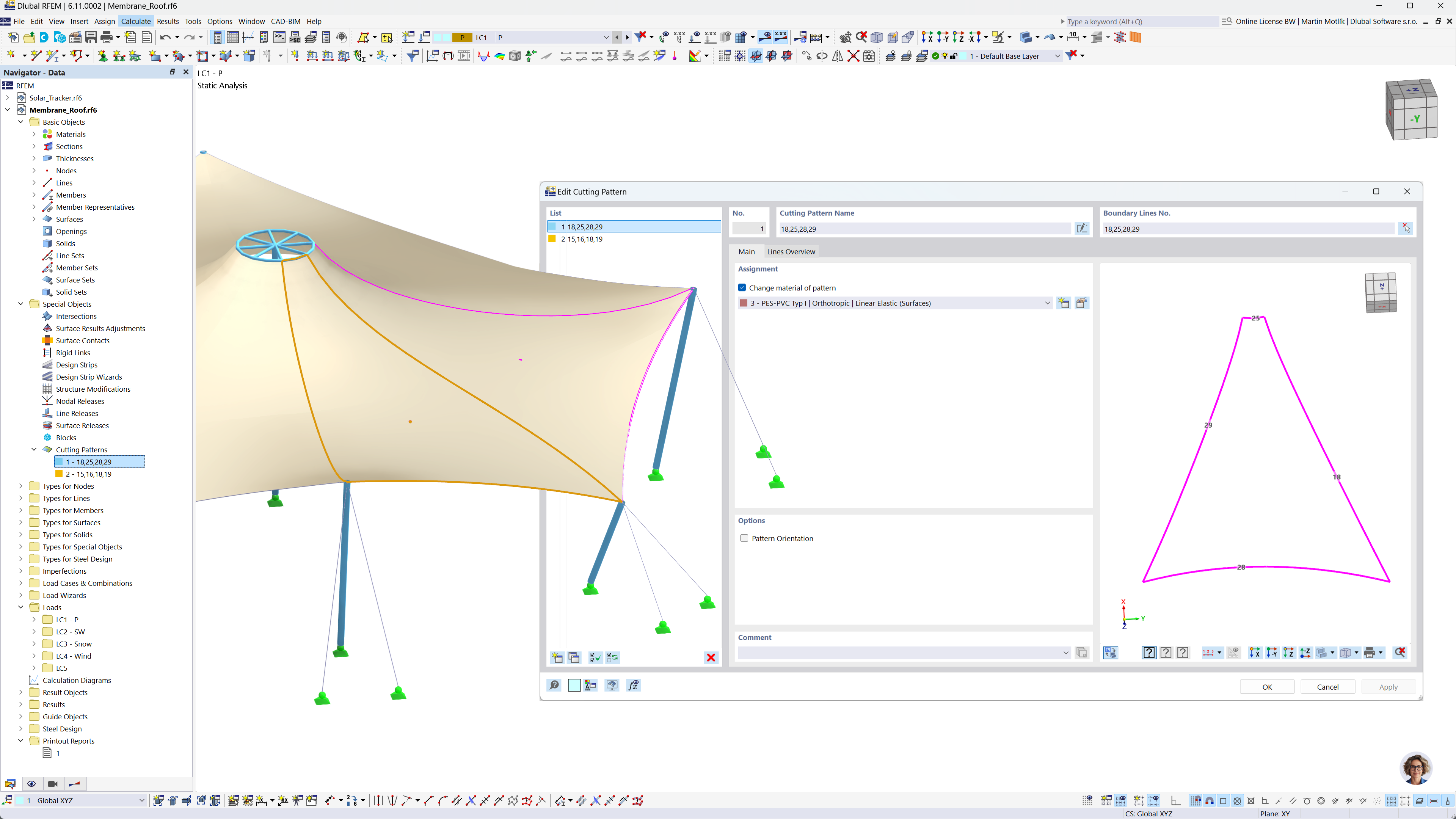 Интерфейс RFEM 6, отображающий детали журнал раскроя мембранной конструкции в диалоговом окне.