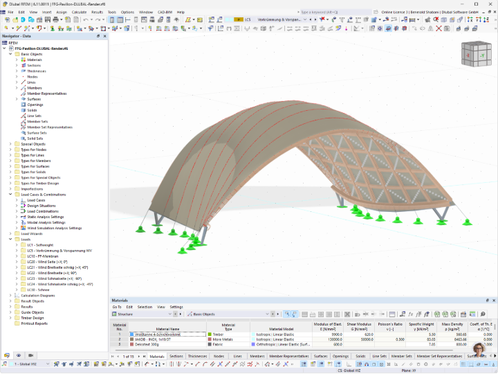 Расчётная модель RFEM деревянного павильона с впечатляющей мембранной кровлей
