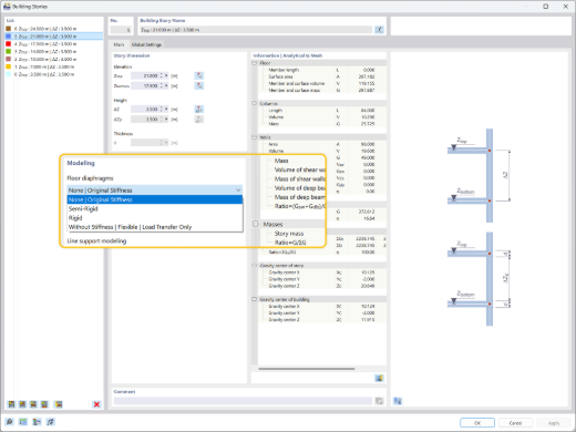 Изображение, показывающее различные типы диафрагм перекрытий: жёсткие, полужёсткие и гибкие, каждый из которых может быть независимо назначен этажам здания.