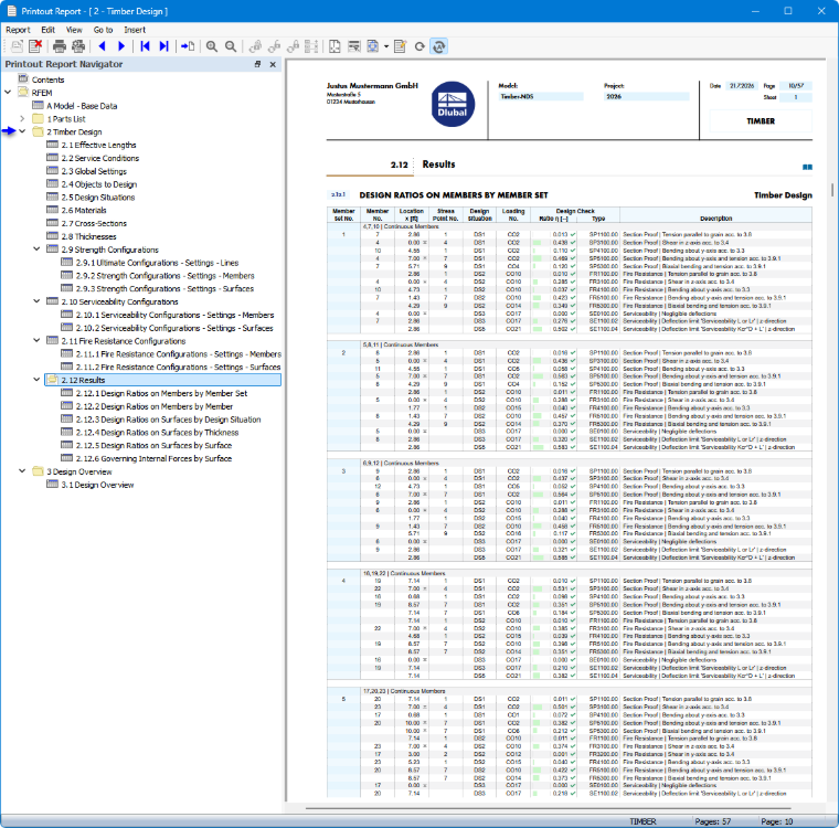 Протокол результатов с данными расчёта деревянных конструкций
