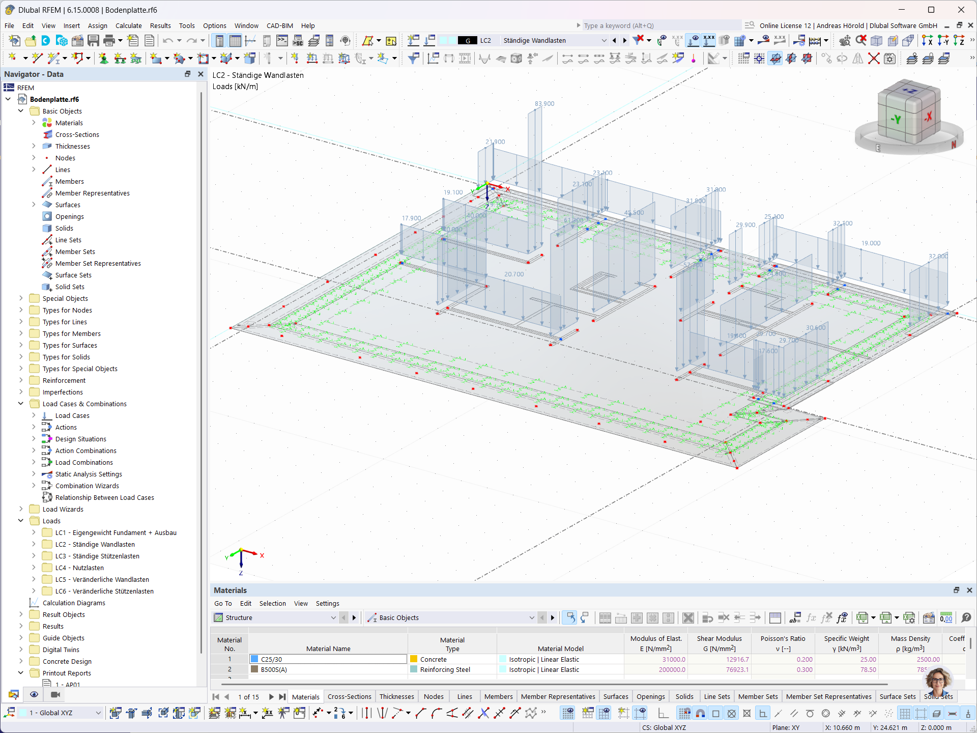 Модель RFEM плиты перекрытия с фоновым слоем и нагрузками от стен | © Aseman Engineering