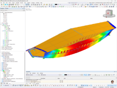 Модель RFEM деревянного моста с цветовым отображением деформации под нагрузкой