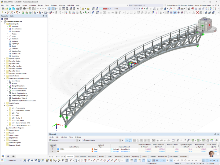 3D-модель RFEM изогнутого пешеходного моста из стали в Италии с решётчатыми фермами и ограждениями