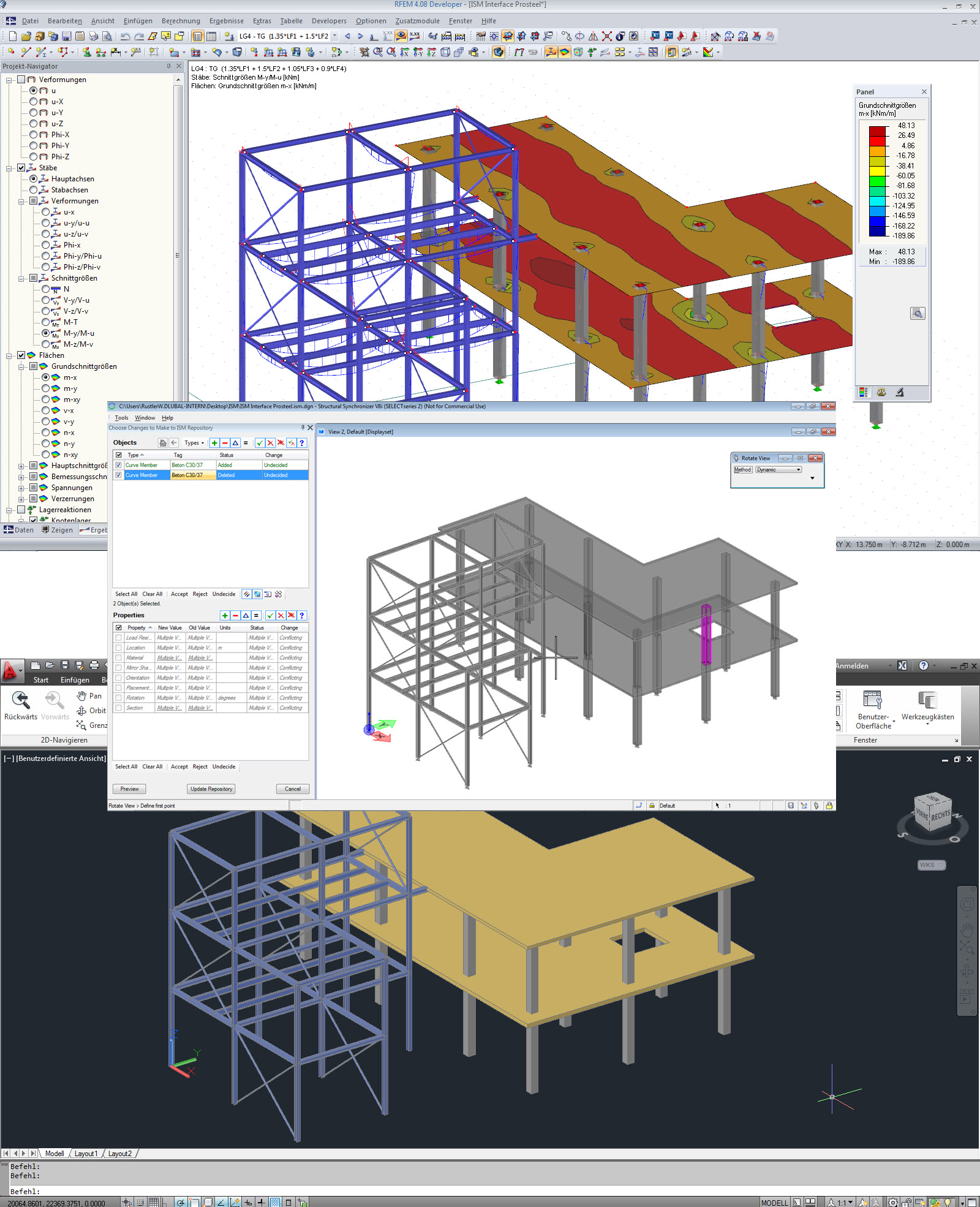 ISM 与 RFEM（上）、ISM Viewer（中）和 ProStructure（下）中的模型的接口