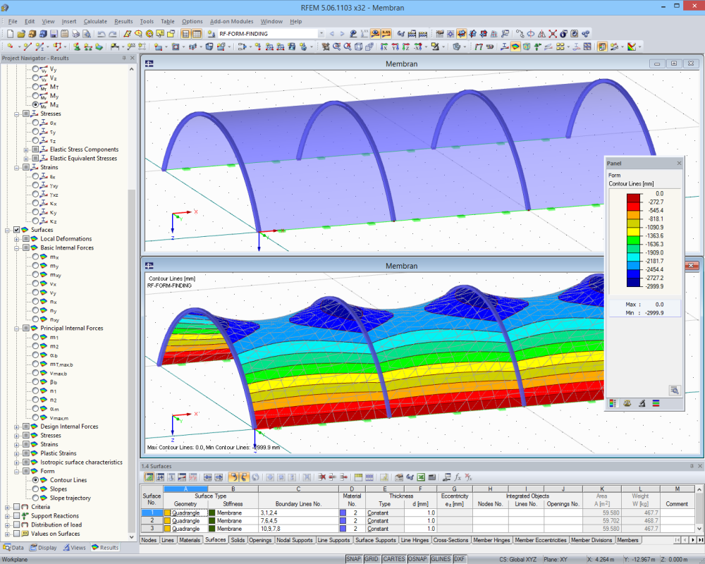 Membrane structure before and after form-finding in RFEM