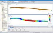 RFEM 中人行路桥和自行车桥的模型和第一个振型（© IB Miebach）