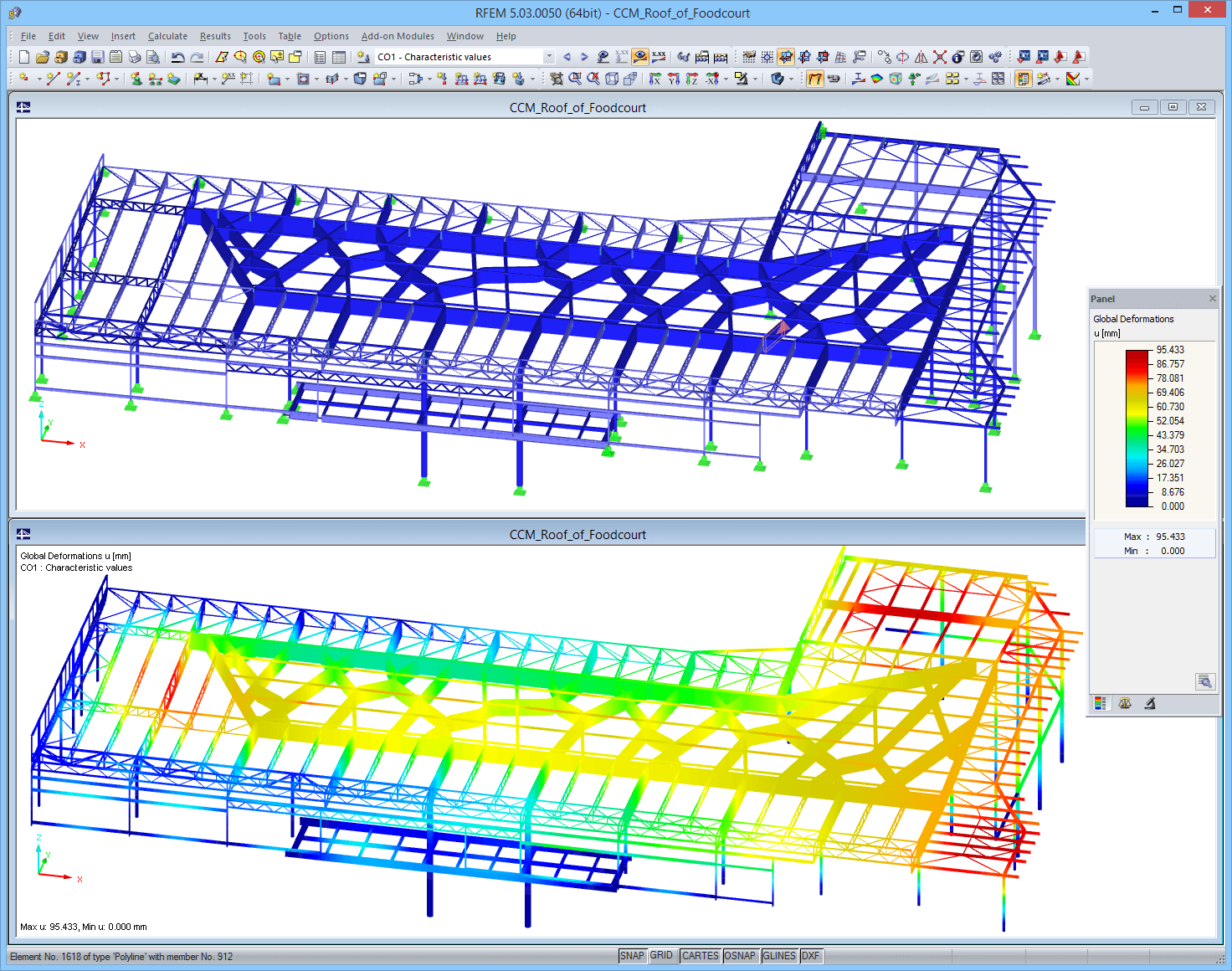 RFEM 中美食广场屋盖模型及变形结果（© Obermeyer a.s.）
