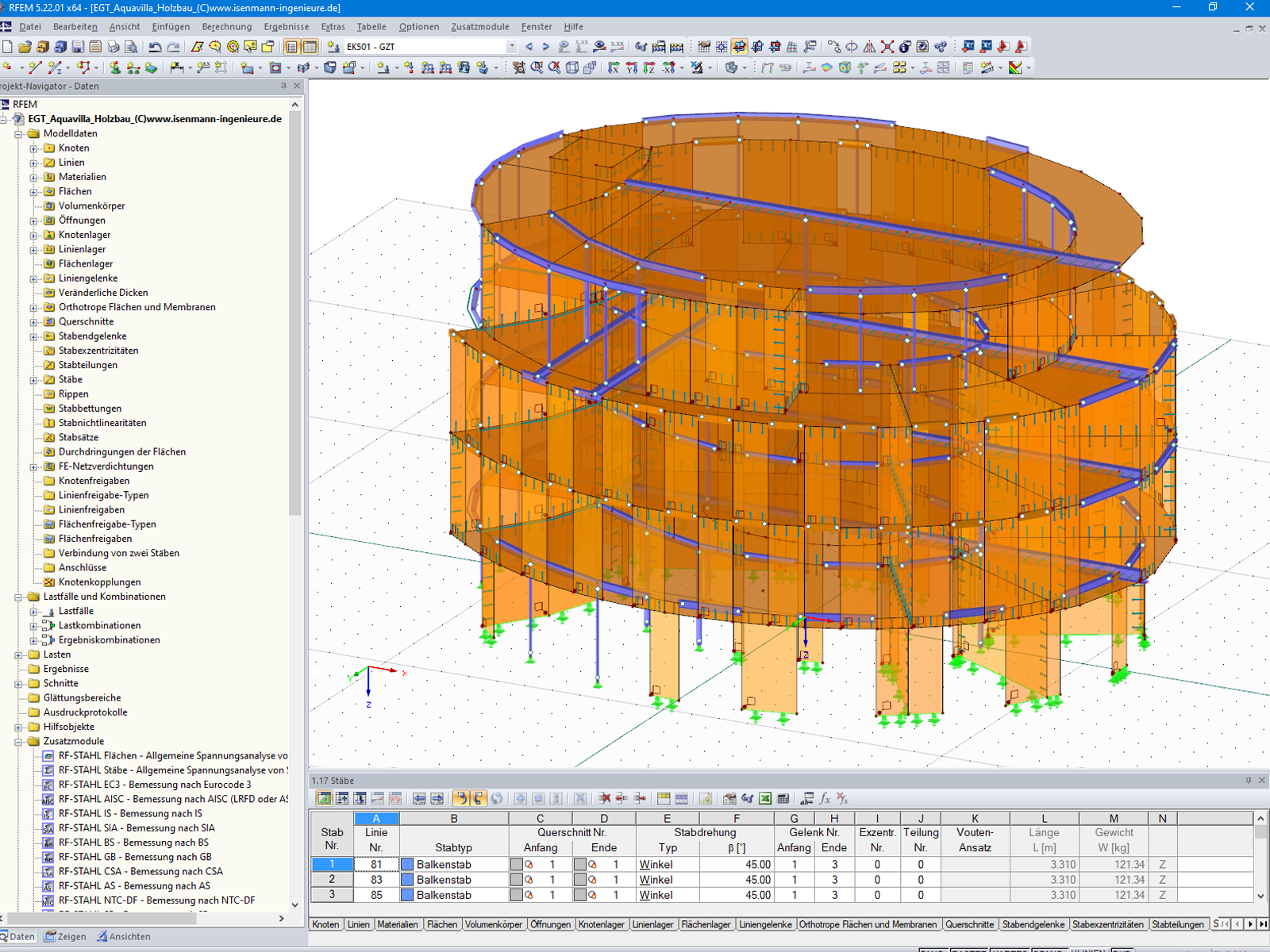 RFEM中的四层木结构3D模型(© Isenmann Ingenieur GmbH)