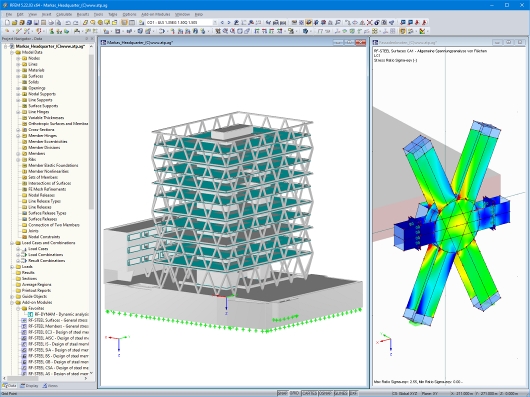 Markas 总部的整个 3D 模型（左）和在 RFEM 中进行桁架连接应力分析（右，© ATP）