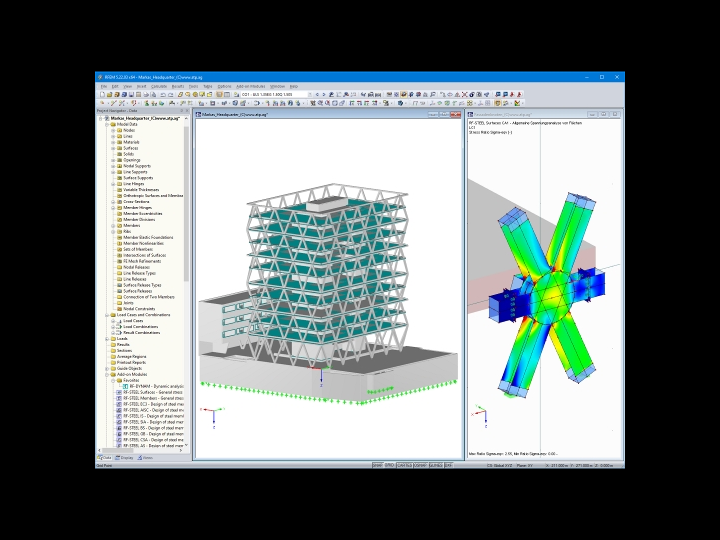 Markas 总部的整个 3D 模型（左）和在 RFEM 中进行桁架连接应力分析（右，© ATP）