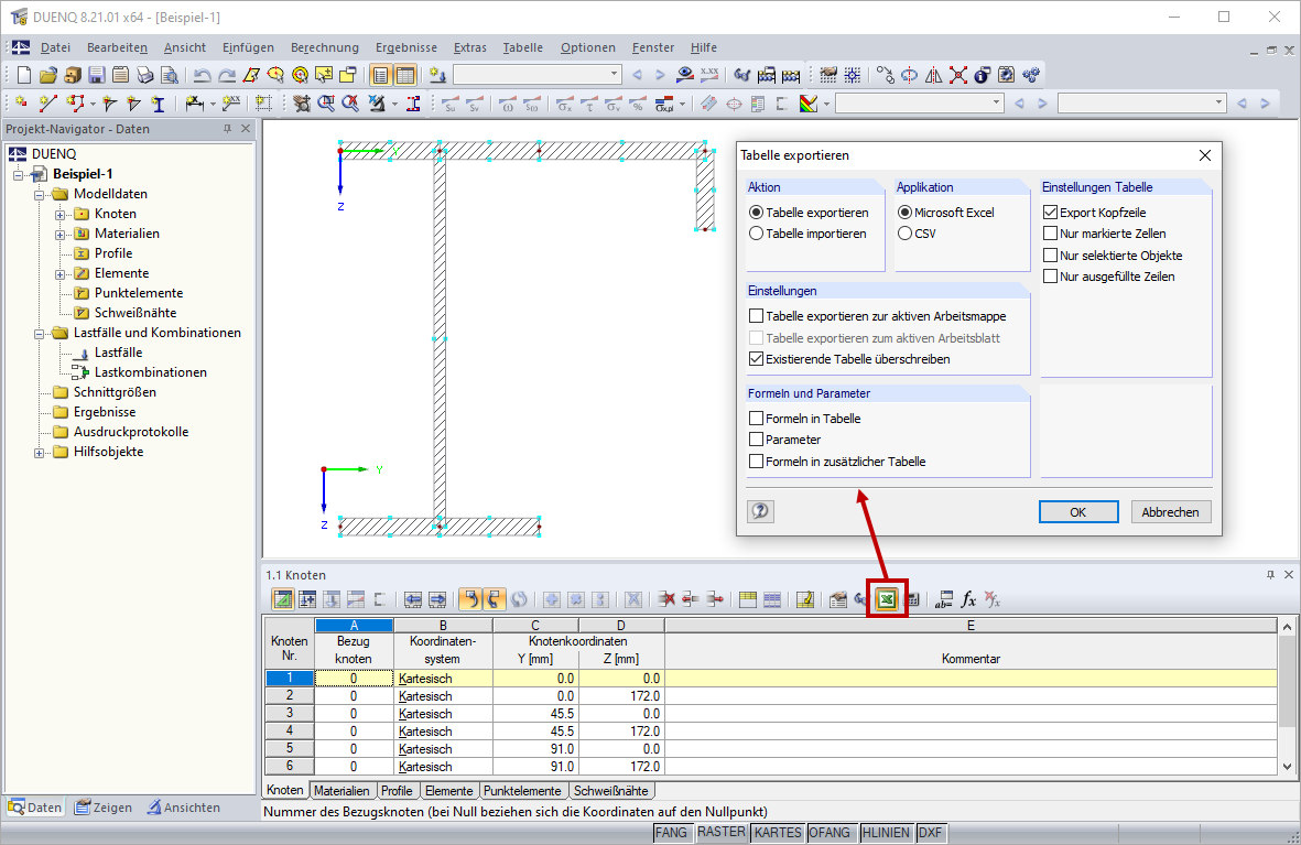Dialog Tabelle exportieren