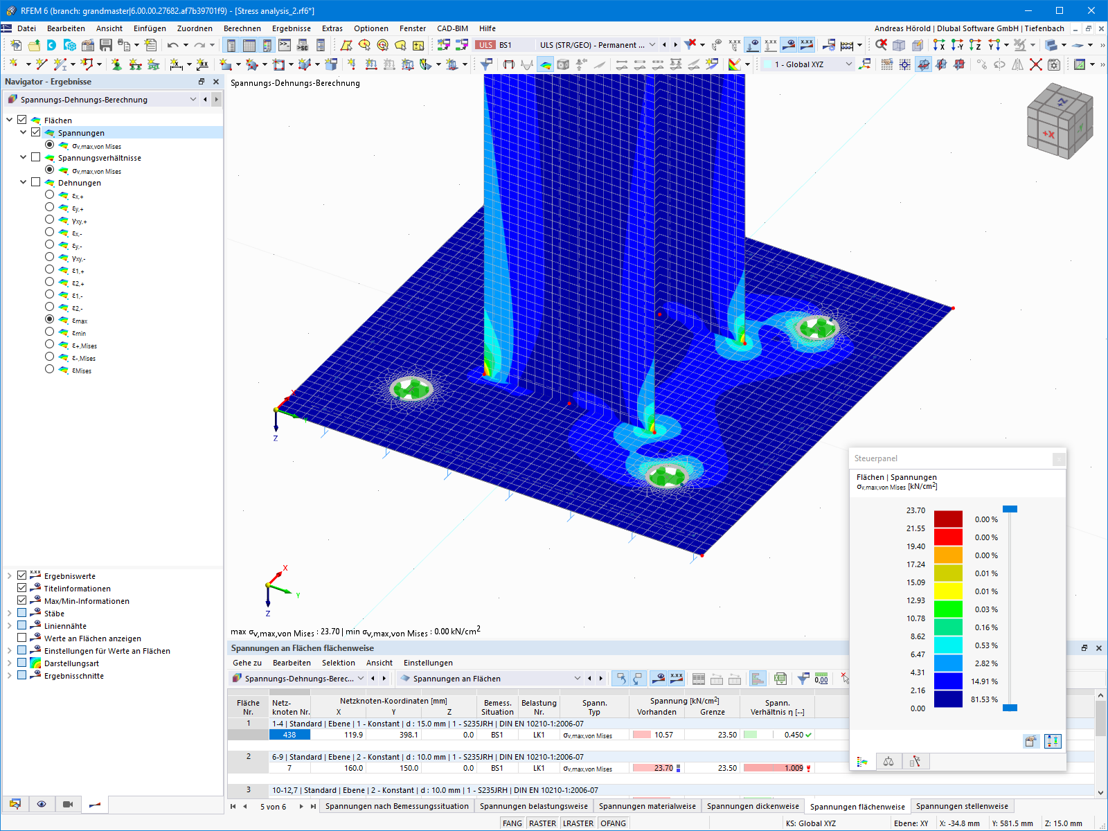 RFEM 6 模块中，图形和表格的应力分析