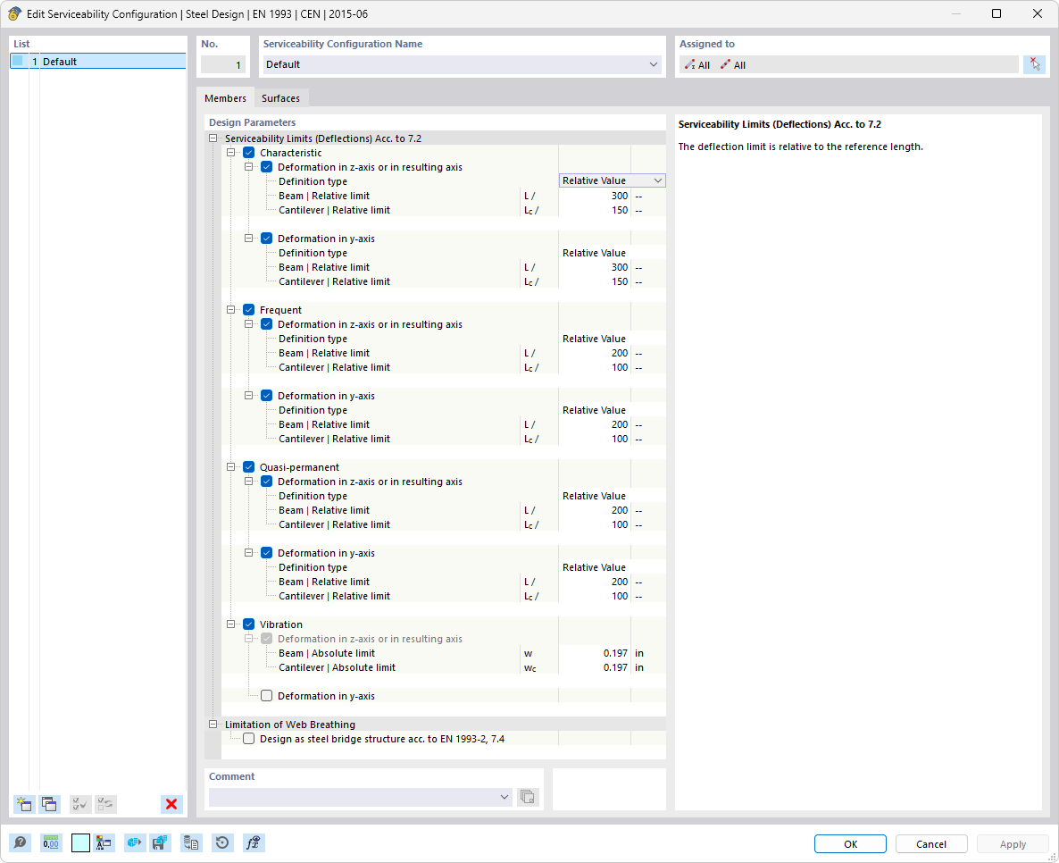 “编辑钢结构设计的正常使用极限状态配置”对话框