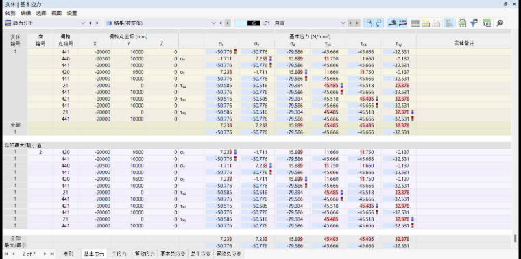 在表格中查看实体的应力