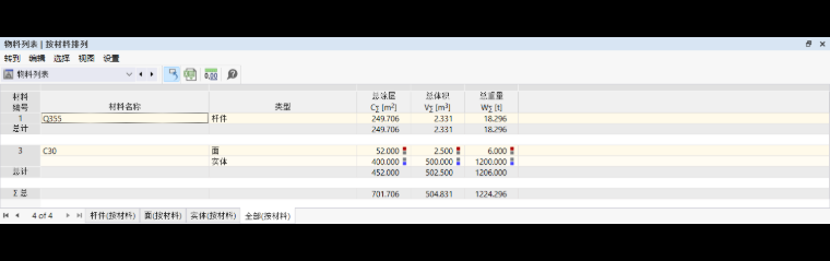 在表格中查看物料列表