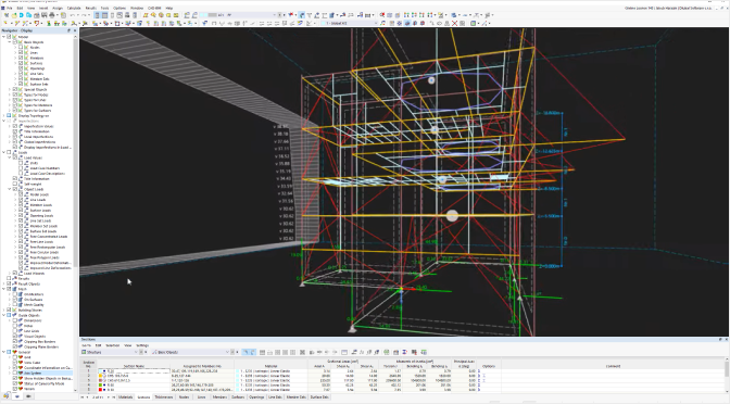 RFEM 6 界面显示线性和非线性结构分析的结果以及详细的模拟数据。
