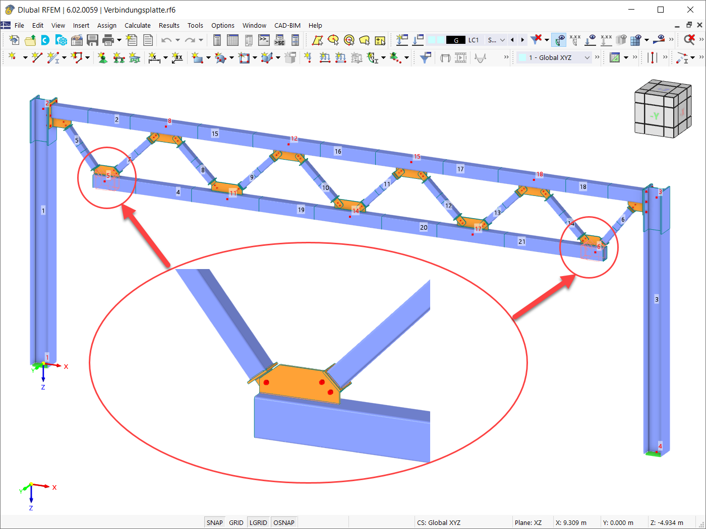 RFEM 6 工作窗口中的钢结构节点连接