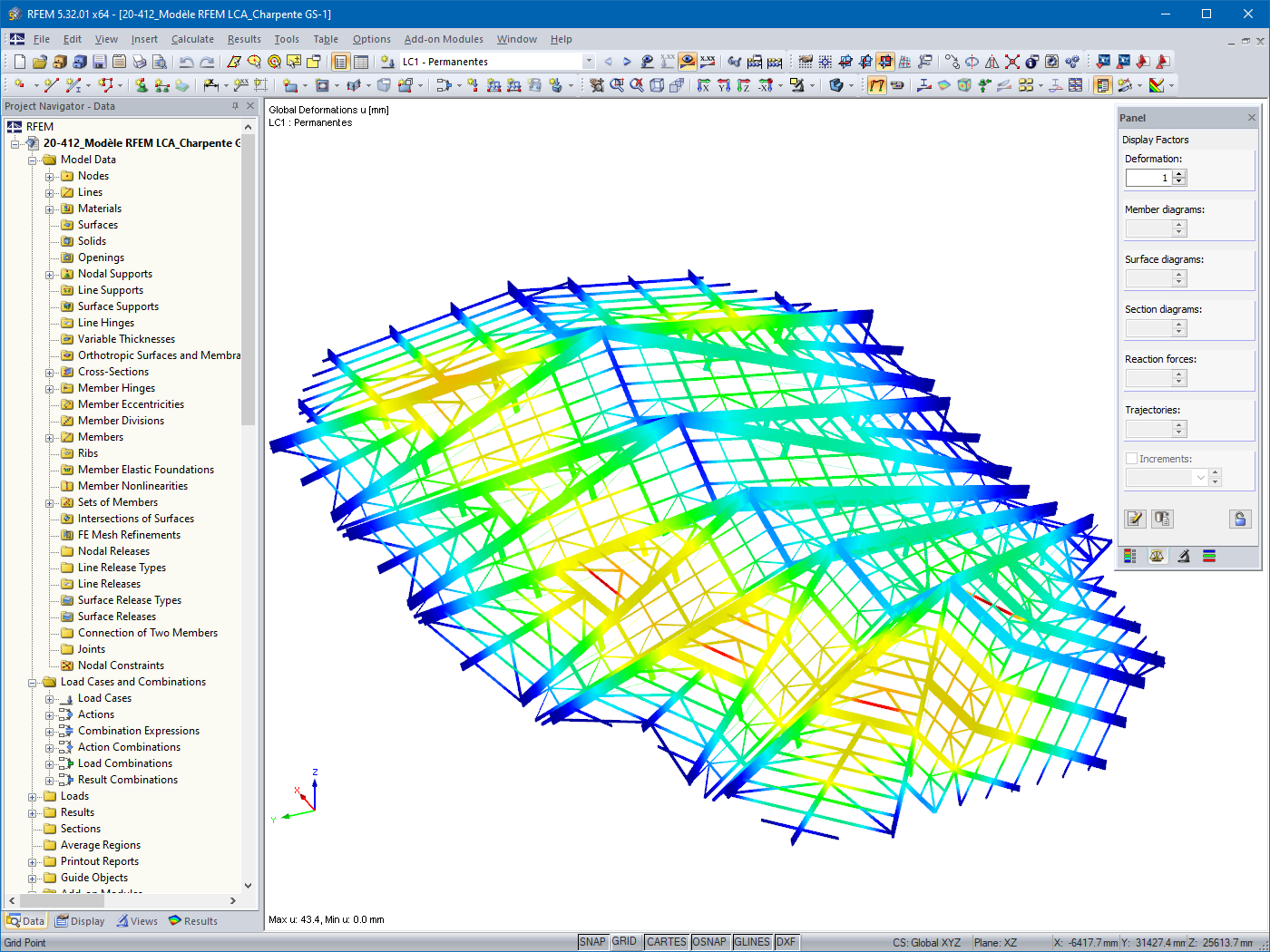 RFEM 5 中风荷载作用下的变形（© LCA Construction Bois）