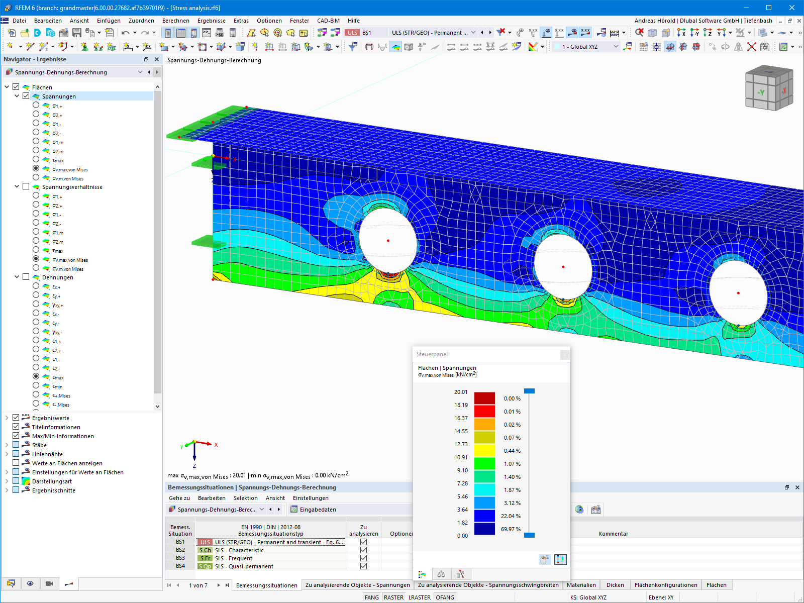 应力应变计算显示 RFEM 6 中的面应力，并与极限应力进行比较。