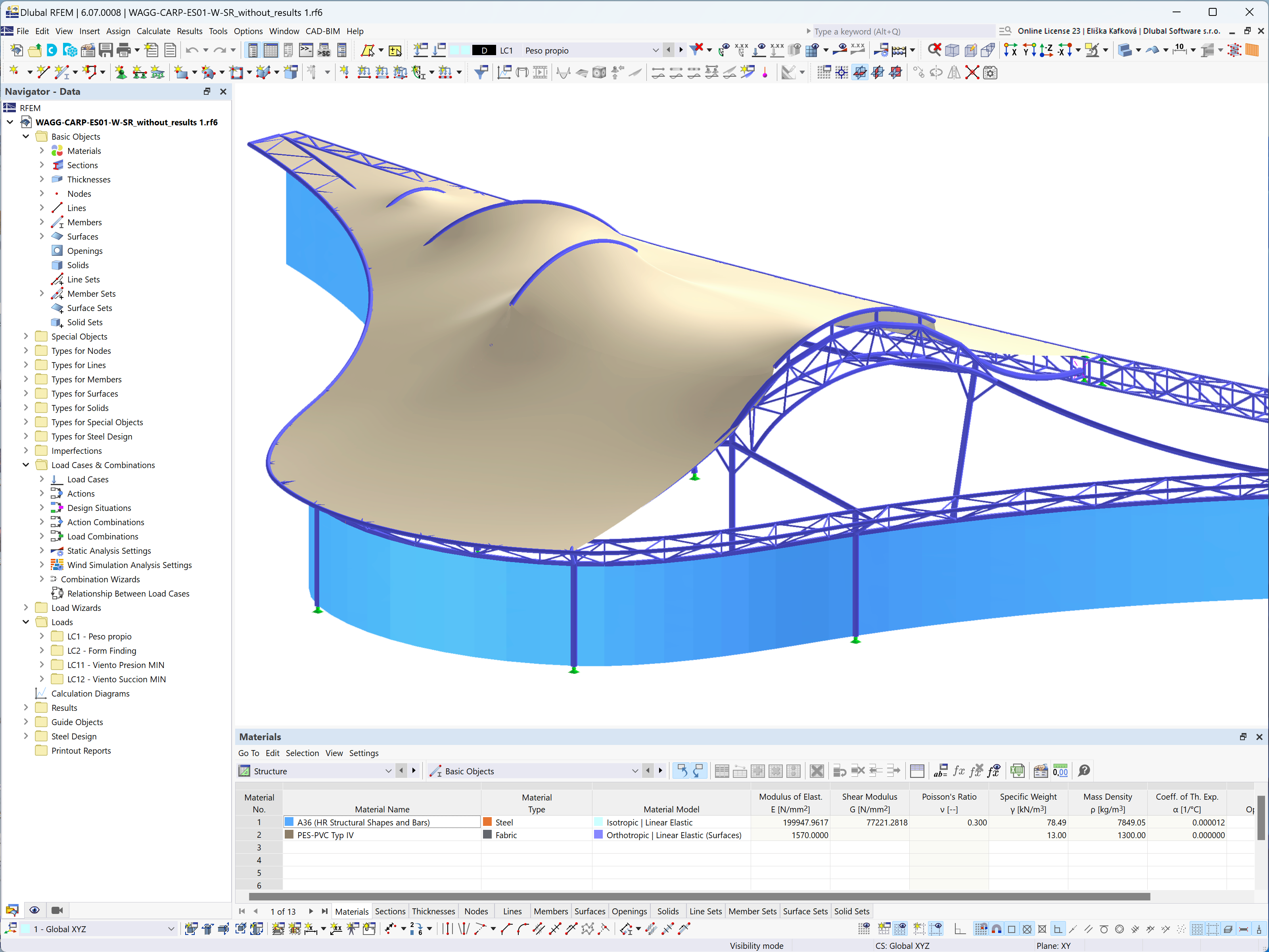 RFEM 模型中金属结构和未变形的膜结构的细节部分 (© Ing. Agustin Alvarez Sarrieta)