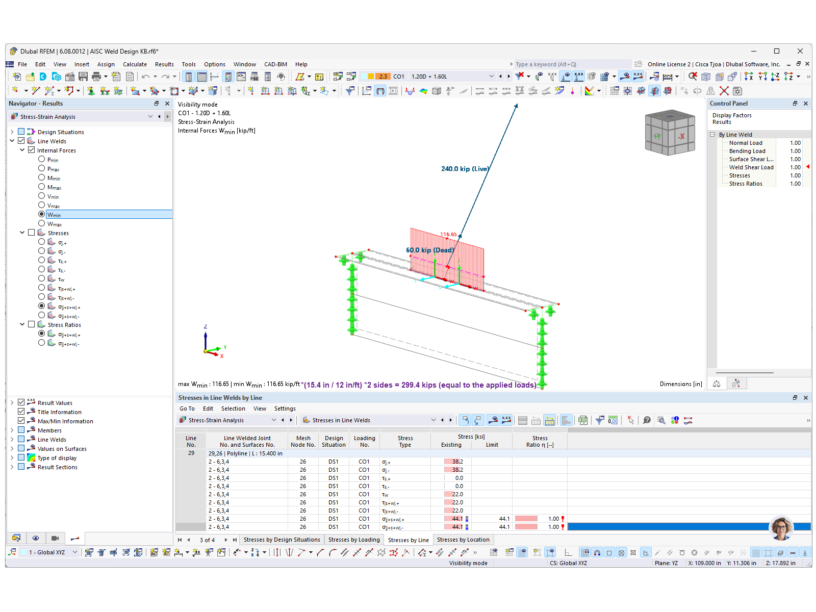 RFEM 6 中 AISC 角焊缝设计中的线焊应力结果