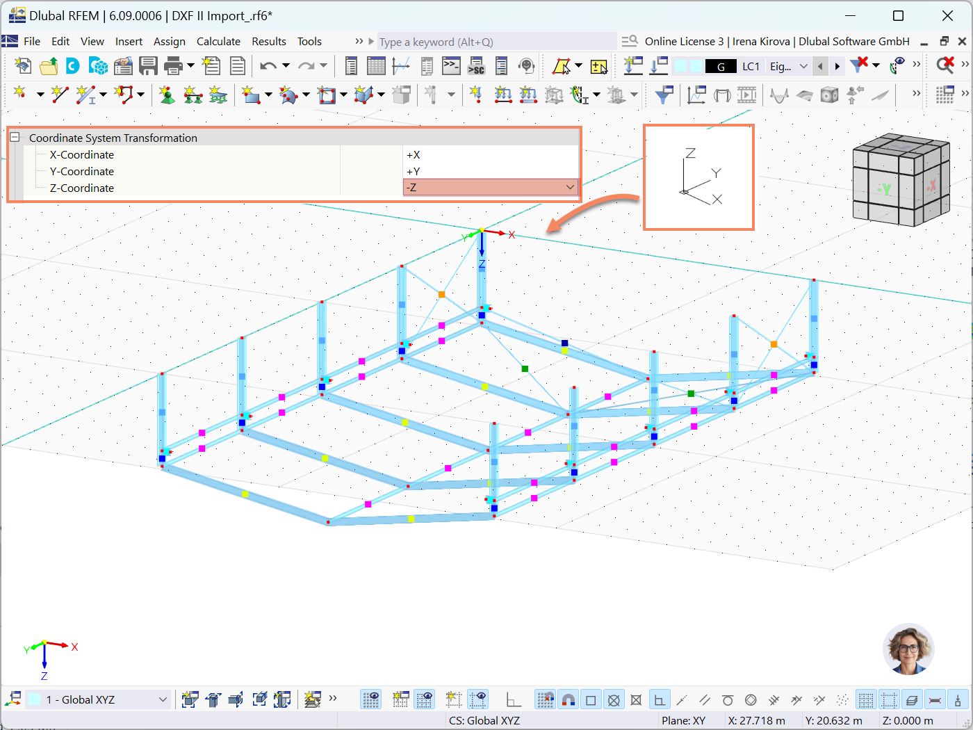 显示 RFEM 6 中的坐标系变换选项，强调 AutoCAD/DXF 文件导入的灵活性。