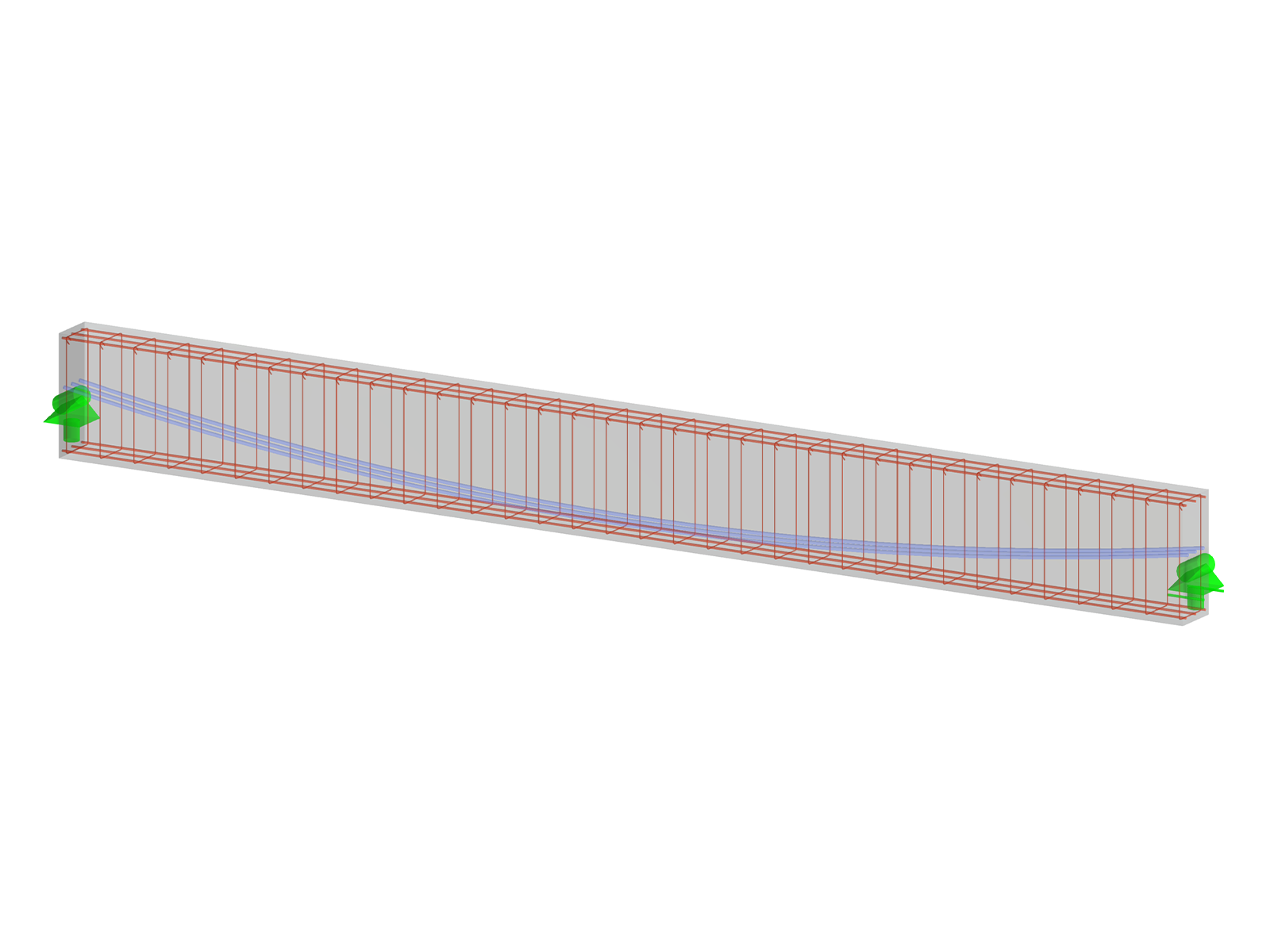 Illustration of a single-span concrete beam showing prestressing tendons using RFEM 6 with various reinforcement types.
