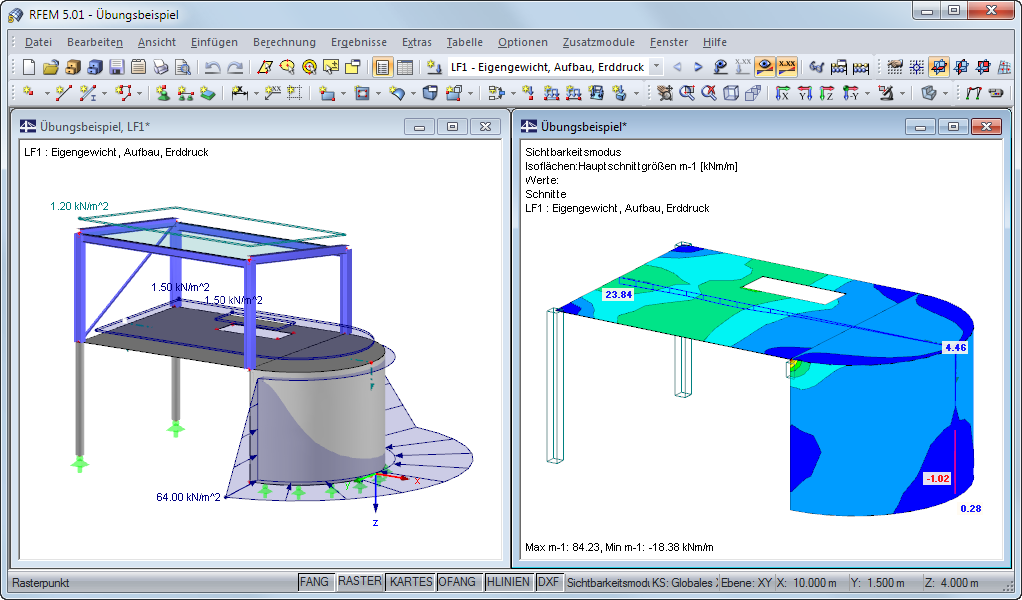 两个窗口显示了 RFEM 5 中建筑结构模型的详细表示。