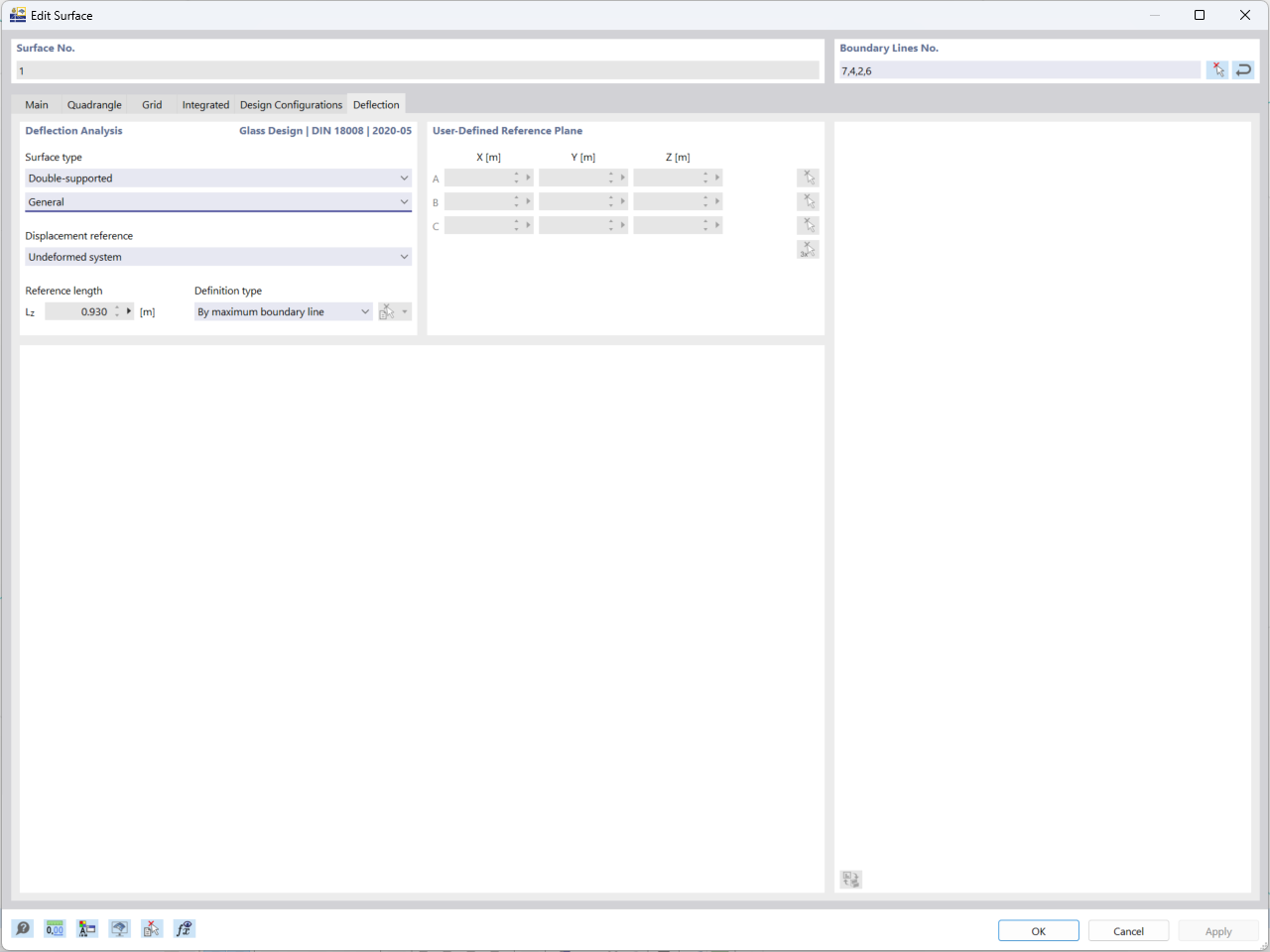 RFEM 6 玻璃设计的挠度分析设置界面，具有多个可调参数。