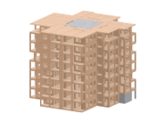 RFEM 模型以清晰、技术的布局显示了特隆赫姆海姆达尔门模组化住宅塔的结构设计。