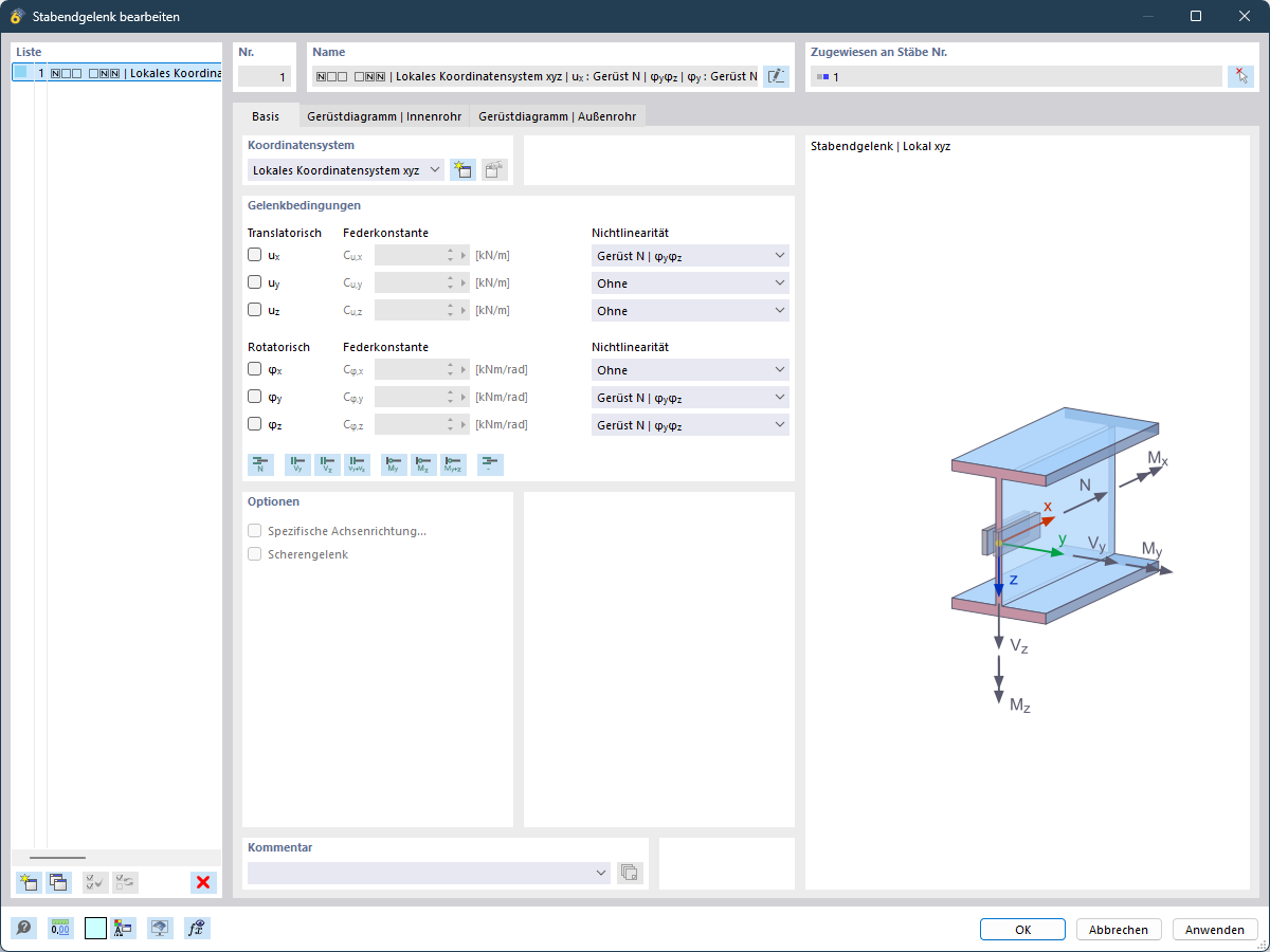 RFEM 6 中用于定义杆端释放的对话框。精确设置铰参数的选项。