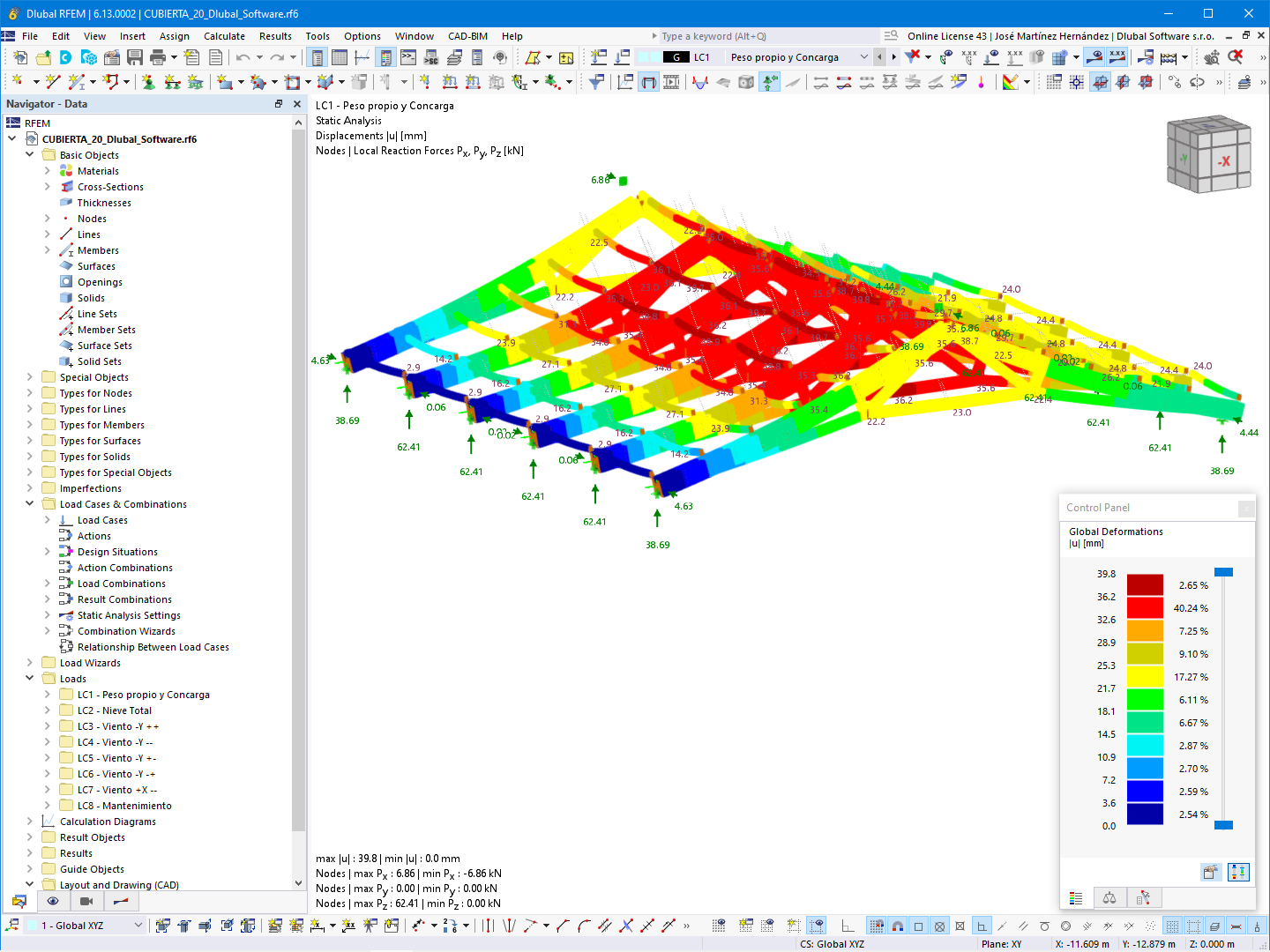 RFEM 木结构模型的变形和支座反力。可观察结构与施加载荷之间的相互作用。